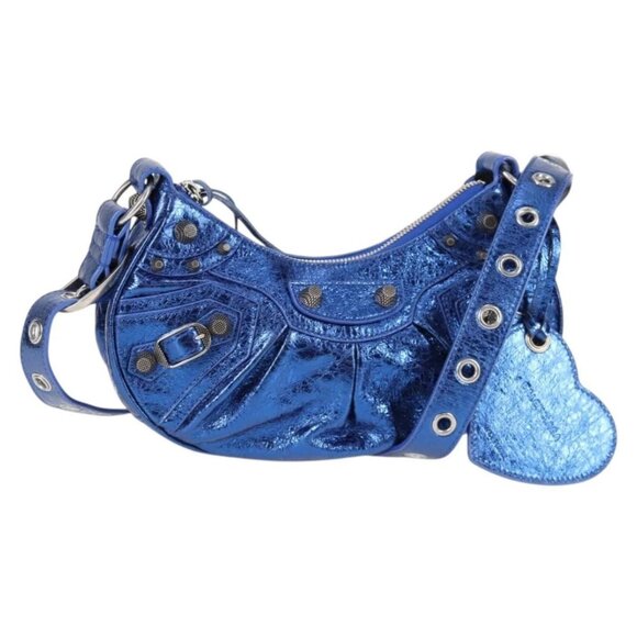 BALENCIAGA Luka Goal Shoulder Bag Leather Blue Silver 671309 Auth 134466M - Picture 1 of 16